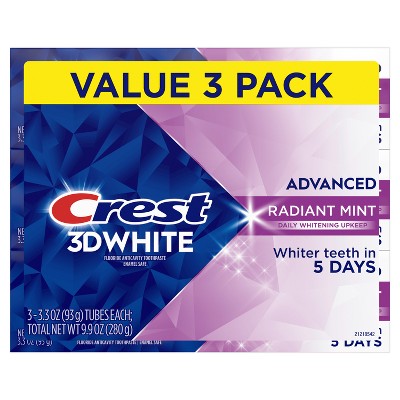 Crest 3D White Advanced Teeth Whitening Toothpaste Radiant Mint 3.3oz/3pk - Imperfect Box