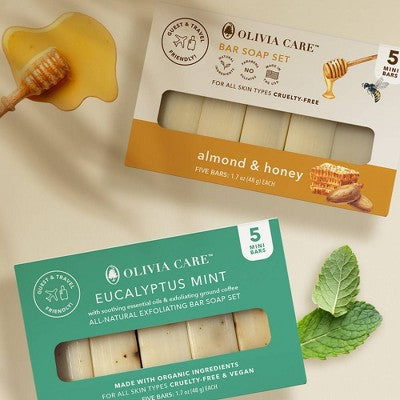 Olivia Care Travel Eucalyptus Mint Exfoliating Bar Soap Set 1.7oz/5ct - Imperfect Box