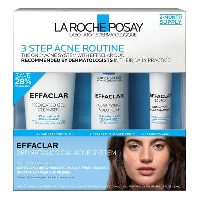 La Roche Posay Effaclar Dermatological Acne Treatment 3-Step System Kit with Medicated Gel Cleanser 7.5 fl oz - Imperfect Box