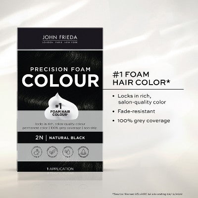 John Frieda Luminous Black Precision Foam Color, Hair Color Foam 2N Natural Black - Imperfect Box