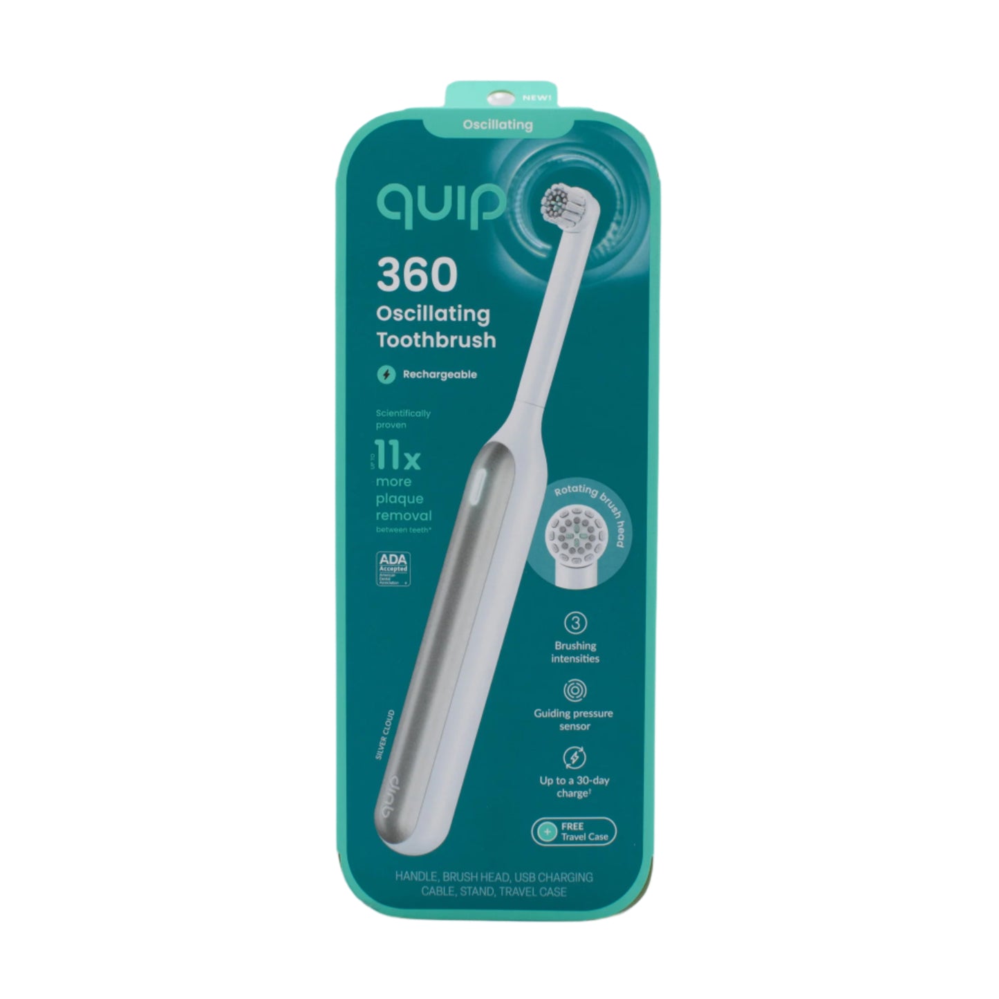 quip 360 Rechargeable Oscillating Toothbrush in White / Silver - New