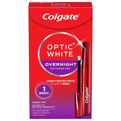 Colgate Optic White Overnight Teeth Stain Remover, 21 Nightly Treatments, Hydrogen Peroxide Teeth Whitening Pen Gel 0.08 fl oz - Imperfect Box