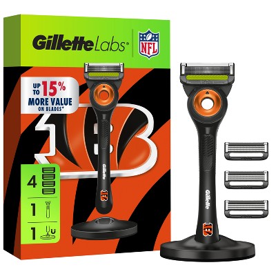 Gillette Labs Mens Special NFL Bengals Edition Shaving Razor with 4 Refills and Magnetic Stand - New