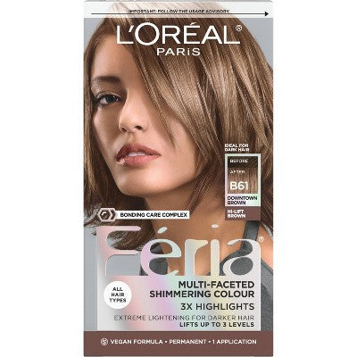 L'Oreal Paris Feria Shimmering Color B61 Hi-Lift Cool Brown 1 Kit - Imperfect Box