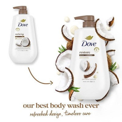 Dove Restore Body Wash Pump Coconut; Cocoa Butter 24hr Lotion 30.6 fl oz - New