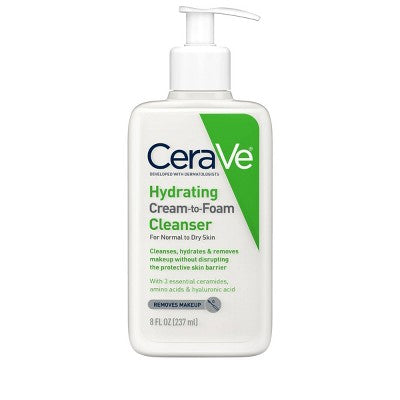 CeraVe Hydrating Cream-to-Foam Face Wash Hyaluronic Acid Normal to Dry Skin 8oz - New