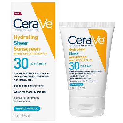 CeraVe Hydrating Sheer Sunscreen Lotion for Face and Body SPF 30 3 fl oz - Imperfect Box