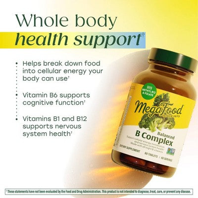 MegaFood Balanced B Complex Vitamins, Vitamin B6, Vitamin B12 & Biotin, Vegan Tablets 30ct - New