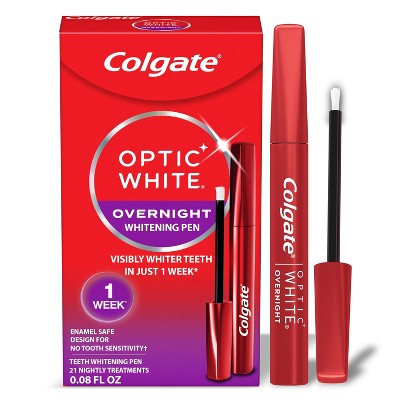 Colgate Optic White Overnight Teeth Stain Remover, 21 Nightly Treatments, Hydrogen Peroxide Teeth Whitening Pen Gel 0.08 fl oz - Imperfect Box