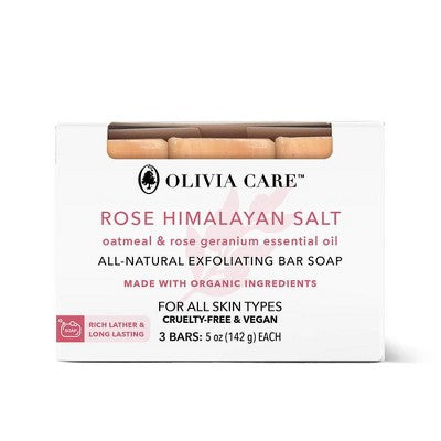 Olivia Care All-Natural Exfoliating Bar Soap Set Rose Himalayan Salt 15oz/3ct - New