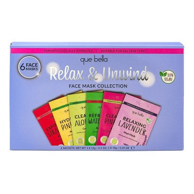 Que Bella Relax & Unwind Face Mask Collection 6pc - Imperfect Box
