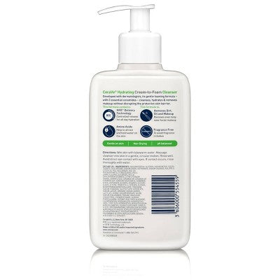 CeraVe Hydrating Cream-to-Foam Face Wash Hyaluronic Acid Normal to Dry Skin 8oz - New