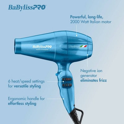 BaBylissPRO Nano Titanium Portofino Full-Size Hair Dryer Blue 2000W - Imperfect Box