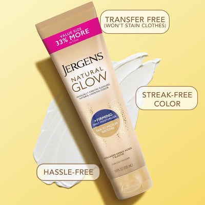 Jergens Natural Glow Skin Firming Daily Moisturizer + Self Tanner Tanning Lotion Fair to Medium 10 fl oz - Imperfect Container