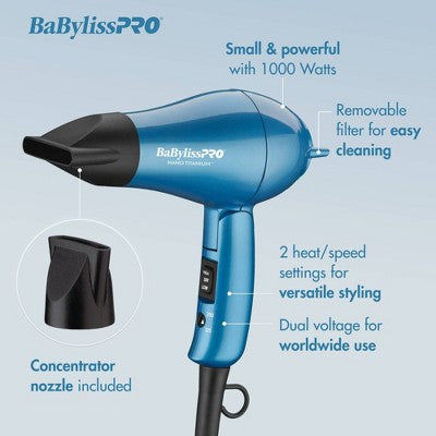 BaBylissPRO Nano Titanium Travel Hair Dryer Blue - Imperfect Box