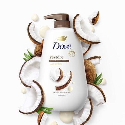 Dove Restore Body Wash Pump Coconut; Cocoa Butter 24hr Lotion 30.6 fl oz - New