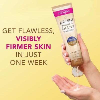 Jergens Natural Glow Skin Firming Daily Moisturizer + Self Tanner Tanning Lotion Medium to Deep 10 fl oz - Imperfect Container