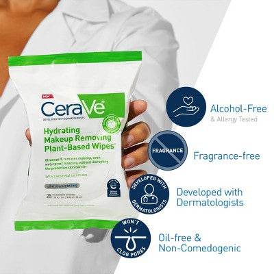 CeraVe Hydrating Makeup Remover Wipes, Plant Based Facial Cleansing Wipes 25ct - Imperfect Container