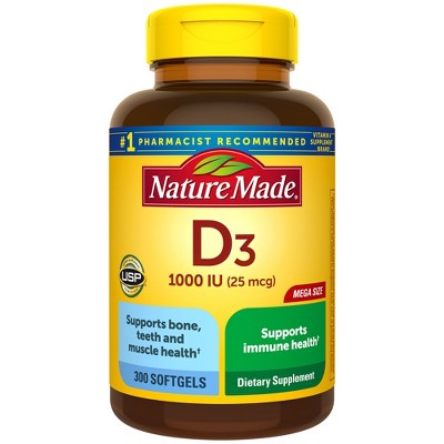 Nature Made Vitamin D3 1000 IU (25 mcg), Bone Health and Immune Support Softgel 300ct - New