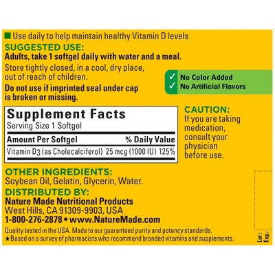 Nature Made Vitamin D3 1000 IU (25 mcg), Bone Health and Immune Support Softgel 300ct - New