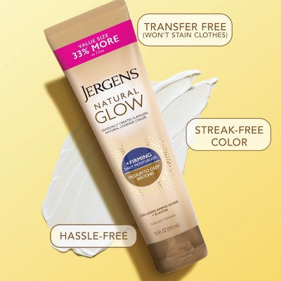 Jergens Natural Glow Skin Firming Daily Moisturizer + Self Tanner Tanning Lotion Medium to Deep 10 fl oz - Imperfect Container