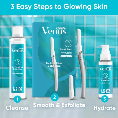 Venus for Facial Hair & Skin Care Exfoliating Dermaplaning Razor + 2 Blade Refills Starter Kit 3ct - New