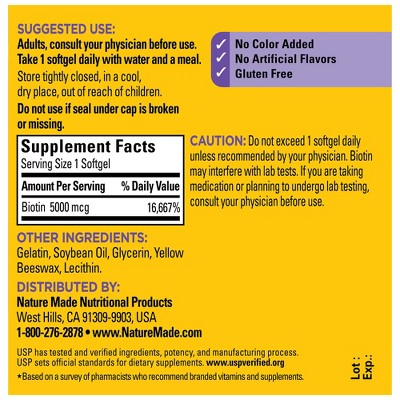 Nature Made Maximum Strength Biotin 5000 mcg Softgels 120ct - New